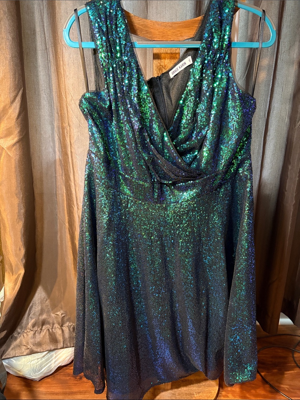 Grace Karin Green-Blue Sequin A-Line Dress sparkly XXL